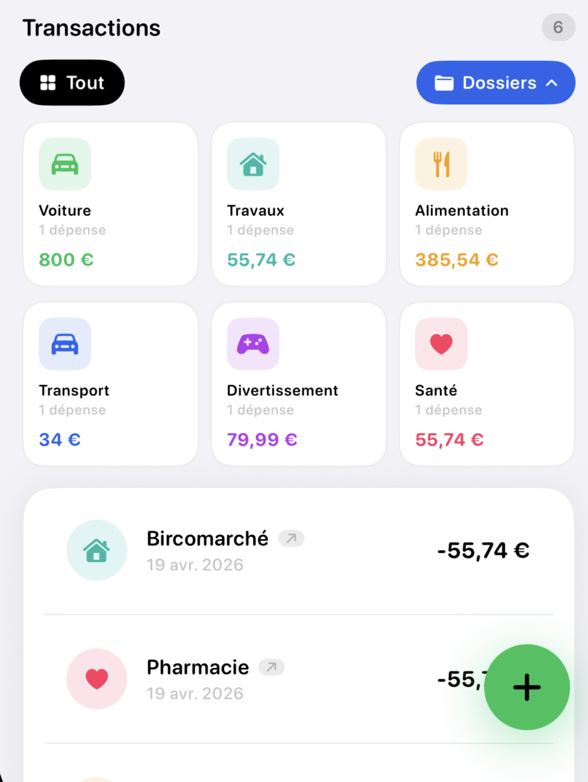Vue dossiers dans BudgetControl avec catégories et regroupement des dépenses