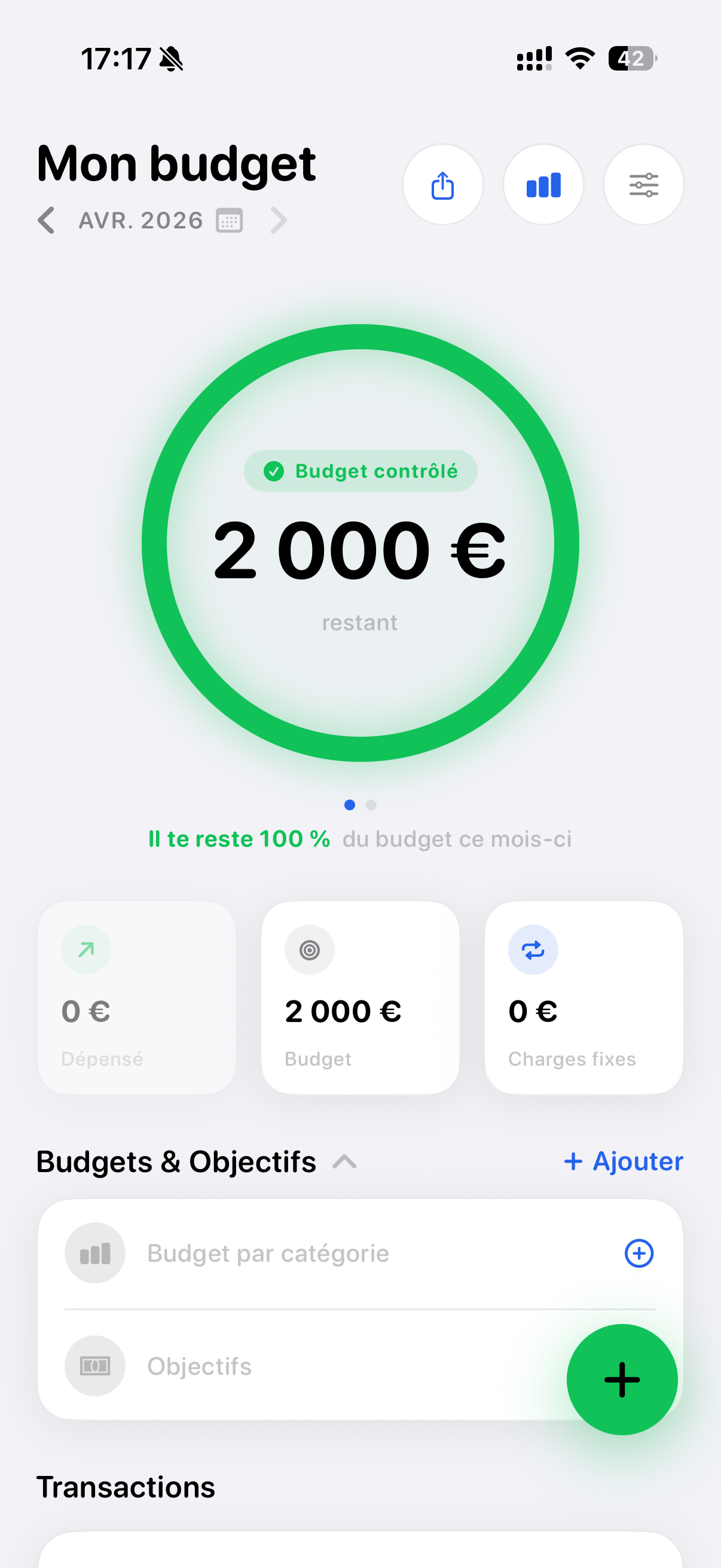 Écran principal de BudgetControl montrant le budget du mois